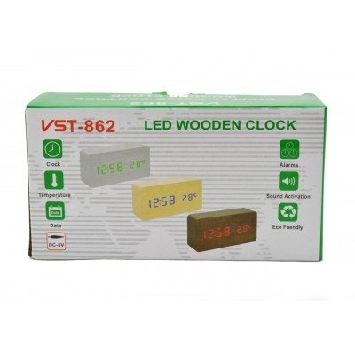 Деревянные Настольные часы VST-862 с термометром Чёрное дерево (зеленая подсветка)