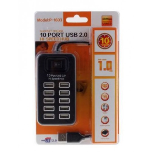 USB Хаб на 10 портов USB 2.0 HUB P-1603 Чёрный