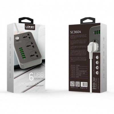 Сетевой удлинитель фильтр LDNIO SC3604 на 3 розетки + 6 USB 3.4A