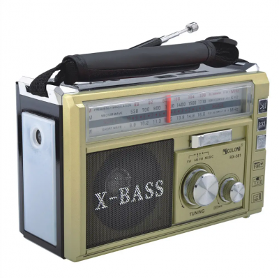 Радиоприёмник колонка с радио FM USB MicroSD и фонариком Golon RX-381 на аккумуляторе Золотой