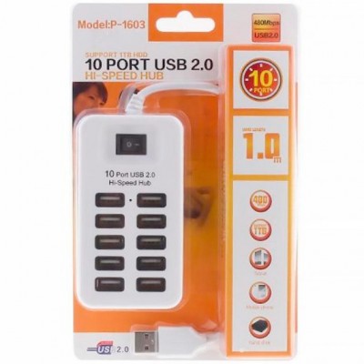 USB Хаб на 10 портов USB 2.0 HUB P-1603 Белый