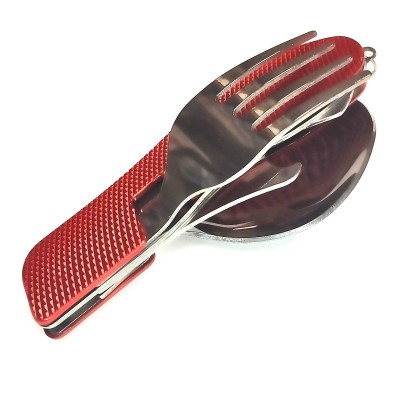 Набор походный 4в1 складные ложка вилка нож открывачка с чехлом на ремень Красный