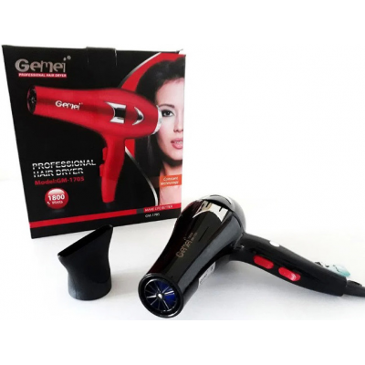 Фен для сушки укладки волос Gemei GM-1705 с концентратором 1800 Вт Черный