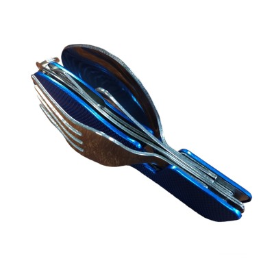 Набор походный 4в1 складные ложка вилка нож открывачка с чехлом на ремень Синий