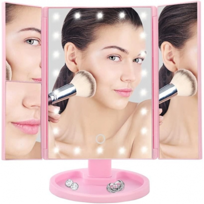 Тройное зеркало для макияжа с подсветкой 22 Led диода Розовое