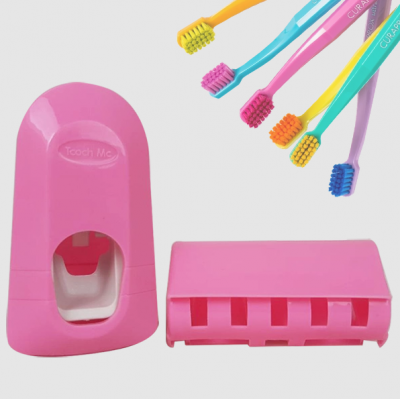 Держатель для зубных счёток с дозатором для зубной пасты Toothpaste Dispenser JX1000 Розовый