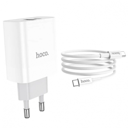 Адаптер сетевой HOCO C80A Type-C to Type-C cable rapido charger set C80A, 1USB/1Type-C, QC/PD, 20W, 3A Белый