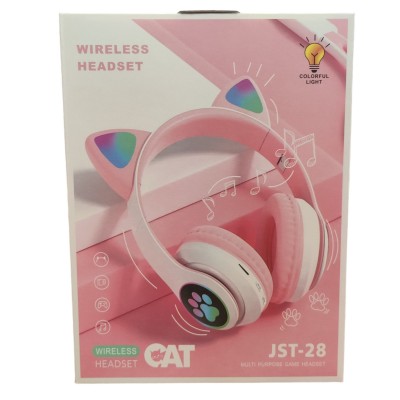 Беспроводные Bluetooth наушники с светящимися кошачьими LED ушками  JST-28 micro SD, AUX Розовые
