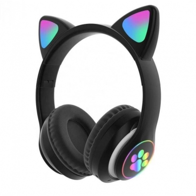 Беспроводные Bluetooth наушники с светящимися кошачьими LED ушками  STN-28 micro SD, AUX Чёрные
