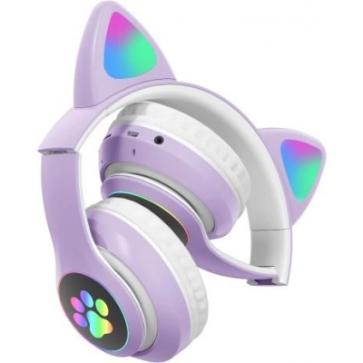 Беспроводные Bluetooth наушники с светящимися кошачьими LED ушками  STN-28 micro SD, AUX Фиолетовые