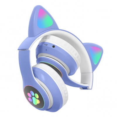 Беспроводные Bluetooth наушники с светящимися кошачьими LED ушками  STN-28 micro SD, AUX Синие
