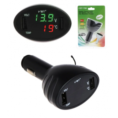 Автомобильный термометр вольтметр USB зарядка VST 708-2 чёрный в прикуриватель
