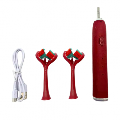 Ультразвуковая зубная щетка электрическая с двойной головкой на 3 режима Красная