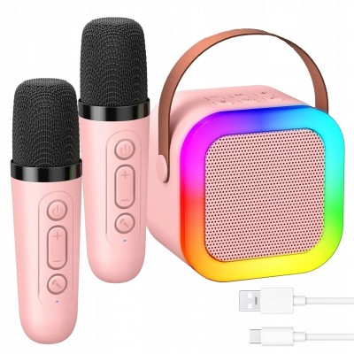 Портативная колонка с 2-мя караоке микрофонами и RGB подсветкой Winso K12 10W Bluetooth, USB, microSD, AUX, Type-C Розовая