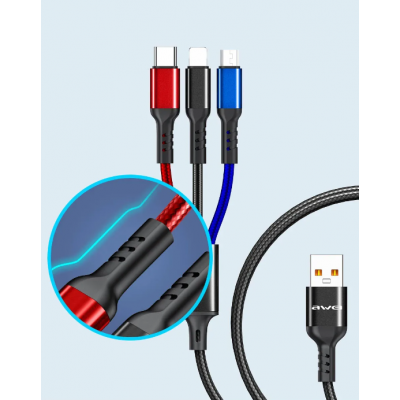 Кабель для зарядки телефонов AWEI CL 971 3 в 1 USB to Type-C+Lightning+MicroUSB 2,4A