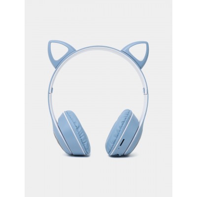 Беспроводные наушники с кошачьими ушками и RGB подсветкой FM радио, micro SD Cat MZ-023 Синие