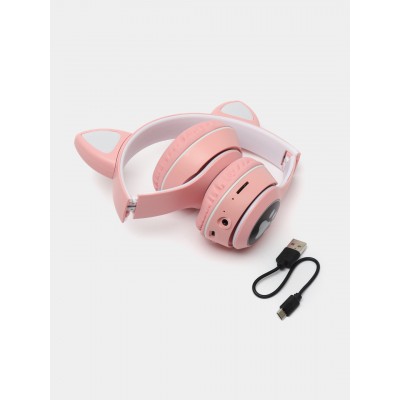 Беспроводные наушники с кошачьими ушками и RGB подсветкой FM радио, micro SD Cat MZ-023 Розовые