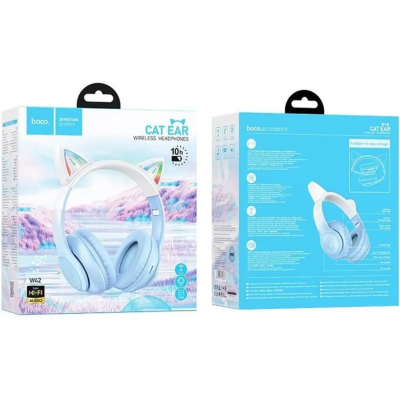 Наушники Hoco W42 Cat Ear Bluetooth с кошачьими ушками и LED подсветкой Голубые с белым