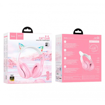 Наушники Hoco W42 Cat Ear Bluetooth с кошачьими ушками и LED подсветкой Розовые с белым