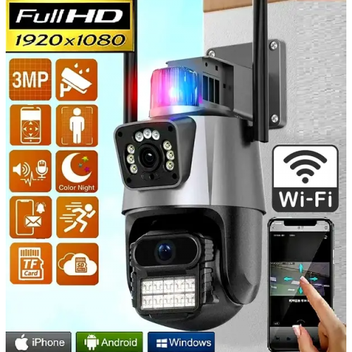 Уличная охранная WIFI камера видеонаблюдения Dual Lens Поворотная камера с сиреной P11