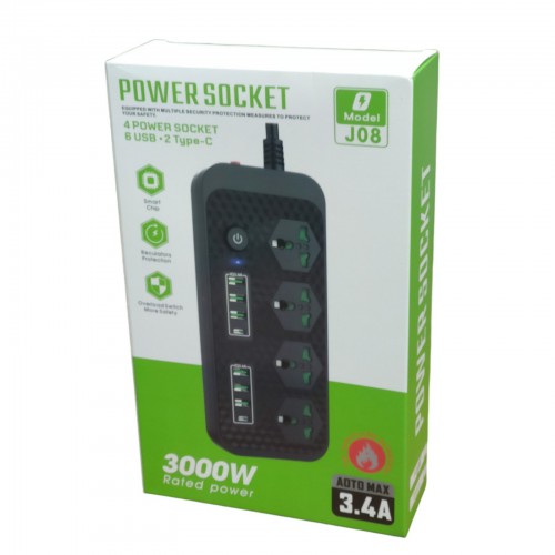 Сетевой удлинитель фильтр Power Socket J08 на 4 розетки + 6 USB 3.4A и 2 Type-C Белый