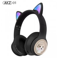 Беспроводные Bluetooth наушники с светящимися кошачьими LED ушками  AKZ-01 micro SD, AUX Черные