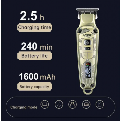 Профессиональная машинка для стрижки беспроводная аккумуляторная LED-дисплей VGR V-901 + 4 насадки