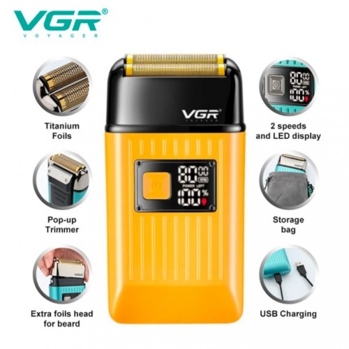 Электробритва VGR V-357 шейвер, двойное лезвие, 2 насадки, выдвижной триммер, IPX6 Золотой
