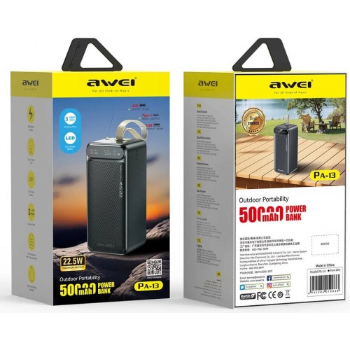 Внешний аккумулятор Power bank AWEI PA13 50000mAh PD22,5W+быстрая зарядка батарея зарядка Черный