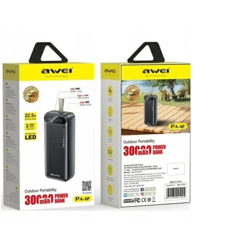 Внешний аккумулятор Power bank Awei PA12 30000mAh PD22,5W+быстрая зарядка батарея зарядка Черный