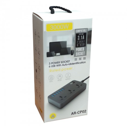 Сетевой удлинитель фильтр CP02 на 3 розетки + 6 USB 3.1A 2 метра Чёрный
