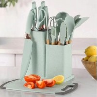 Силиконовый кухонный набор принадлежностей с деревянной ручкой Kitchenware Set 19 предметов Бирюзовый