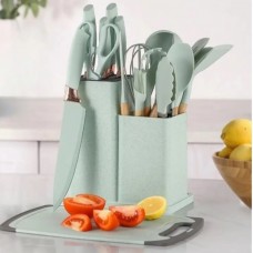 Силиконовый кухонный набор принадлежностей с деревянной ручкой Kitchenware Set 19 предметов Бирюзовый