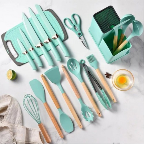 Силиконовый кухонный набор принадлежностей с деревянной ручкой Kitchenware Set 19 предметов Бирюзовый