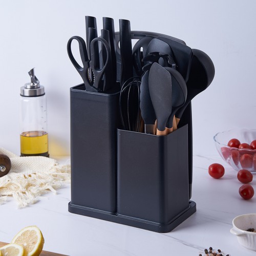 Силиконовый кухонный набор принадлежностей с деревянной ручкой Kitchenware Set 19 предметов Чёрный со вставками