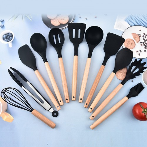 Силиконовый кухонный набор принадлежностей с деревянной ручкой Kitchenware Set 19 предметов Чёрный со вставками