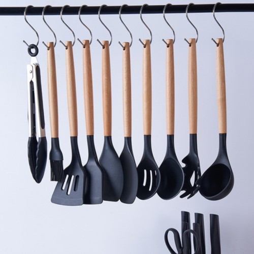 Силиконовый кухонный набор принадлежностей с деревянной ручкой Kitchenware Set 19 предметов Чёрный со вставками