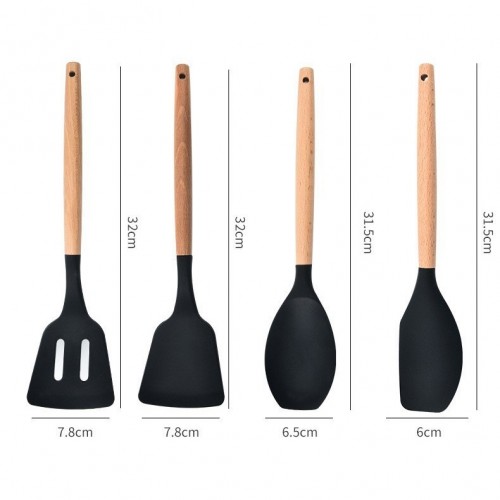 Силиконовый кухонный набор принадлежностей с деревянной ручкой Kitchenware Set 19 предметов Чёрный со вставками