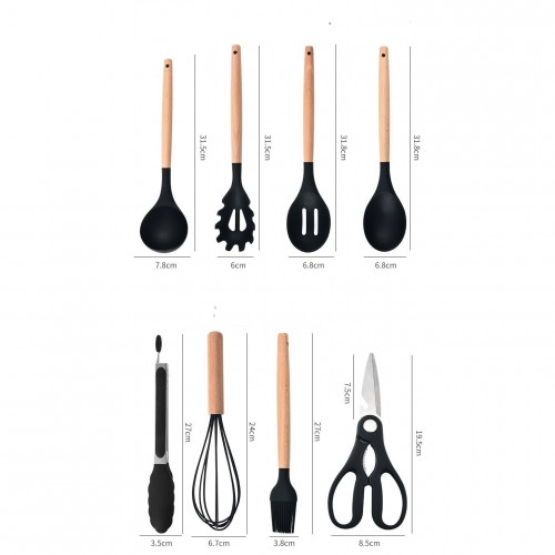 Силиконовый кухонный набор принадлежностей с деревянной ручкой Kitchenware Set 19 предметов Чёрный со вставками
