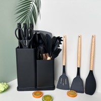 Силиконовый кухонный набор принадлежностей с деревянной ручкой Kitchenware Set 19 предметов Чёрный со вставками