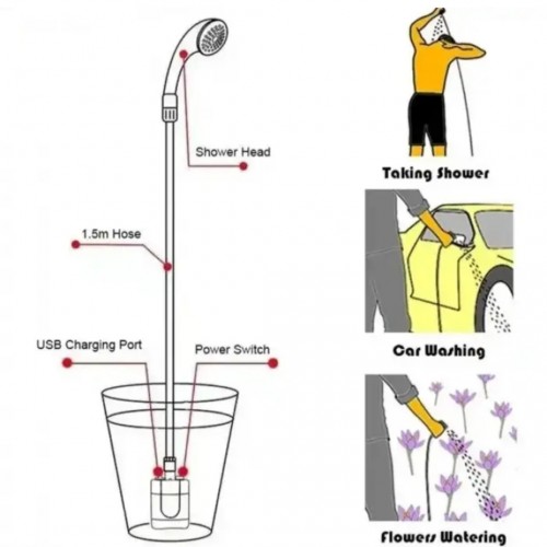 Душ портативный, кемпинговый с помпой на аккумуляторе USB Travel shower гибкий шланг из ПВХ