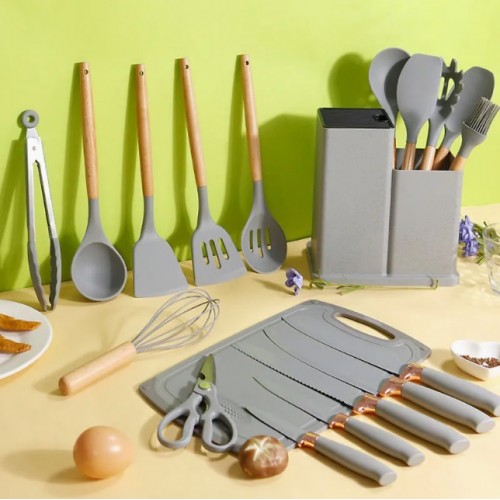 Силиконовый кухонный набор принадлежностей с деревянной ручкой Kitchenware Set 19 предметов Серый