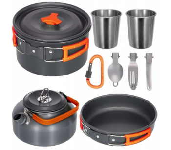 Набор туристической металлической посуды для походов Camping cooking DM 308 с карабином Черный с оранжевым