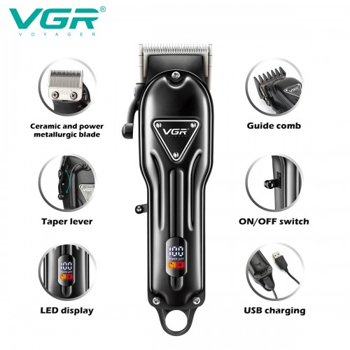 Аккумуляторная машинка для стрижки (clipper) VGR V-051, 4 насадки, 2500 mAh, LED-дисплей