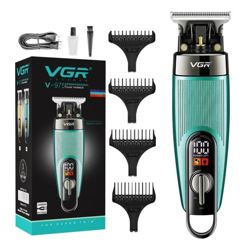 Аккумуляторная машинка триммер для стрижки волос и бороды с USB и LED дисплеем VGR V-975 Зелёный