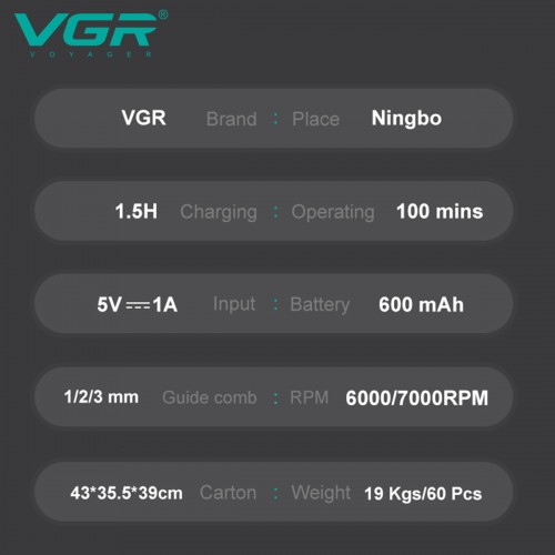 Мужской аккумуляторный триммер для бороды и усов VGR V-964 с 3 сменными насадками 1-3 мм. Синий