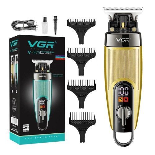 Аккумуляторная машинка триммер для стрижки волос и бороды с USB и LED дисплеем VGR V-975 Золотой