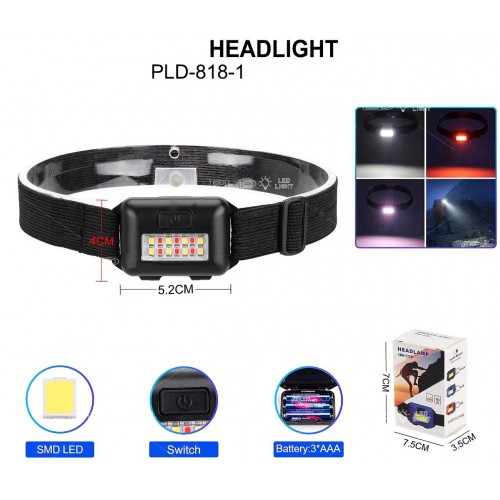 Налобный фонарь PLD-818-1-8SMD на батарейках есть красный свет фонарик