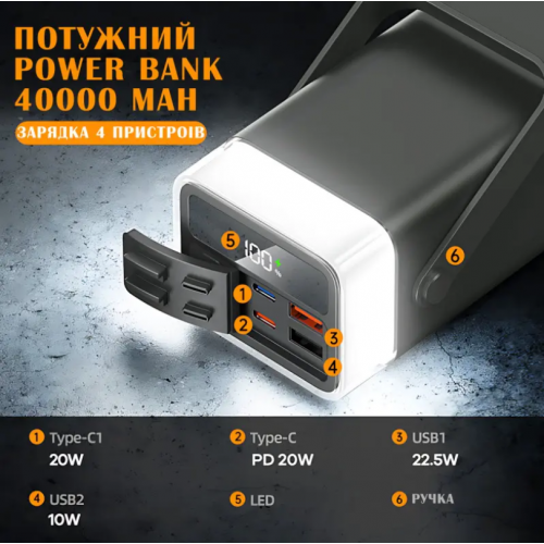 Внешний аккумулятор Power bank LENYES PX492D 40000 mAh, PD22,5W + быстрая зарядка с RGB подсветкой Черный