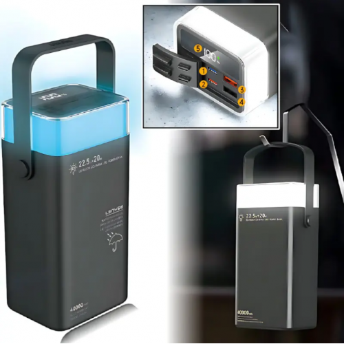 Внешний аккумулятор Power bank LENYES PX492D 40000 mAh, PD22,5W + быстрая зарядка с RGB подсветкой Черный